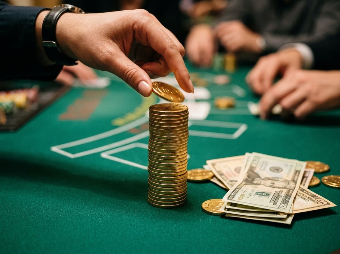 Gold poker chips being stacked with dollar bills on green casino felt