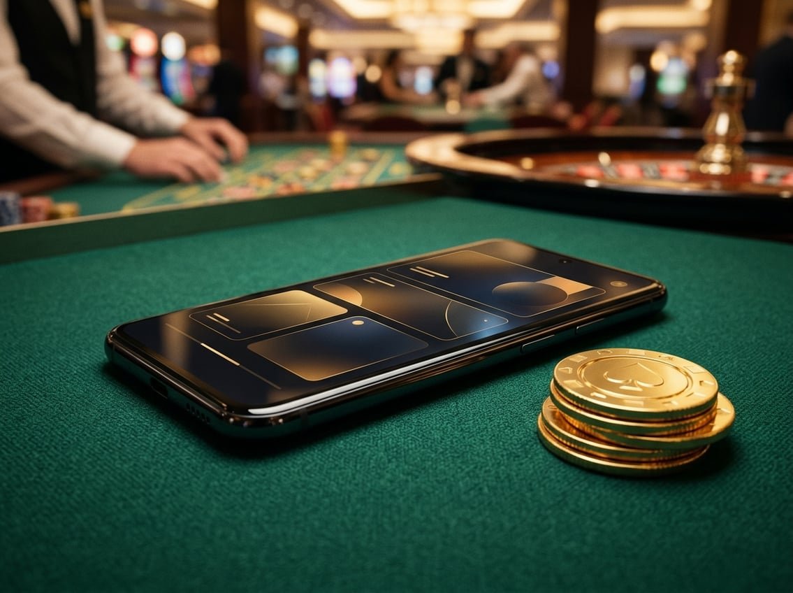 Smartphone showing casino app interface on green poker felt surface