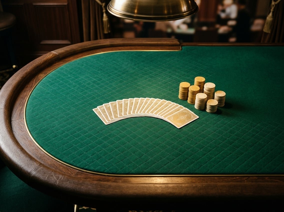 Green casino poker felt table with cards and gold chips
