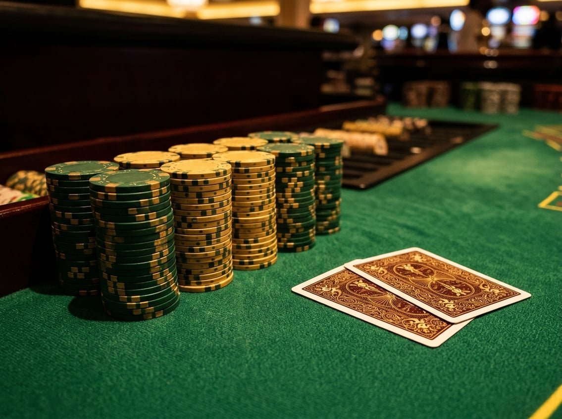 Close-up of gold poker chips stacked next to playing cards on green felt