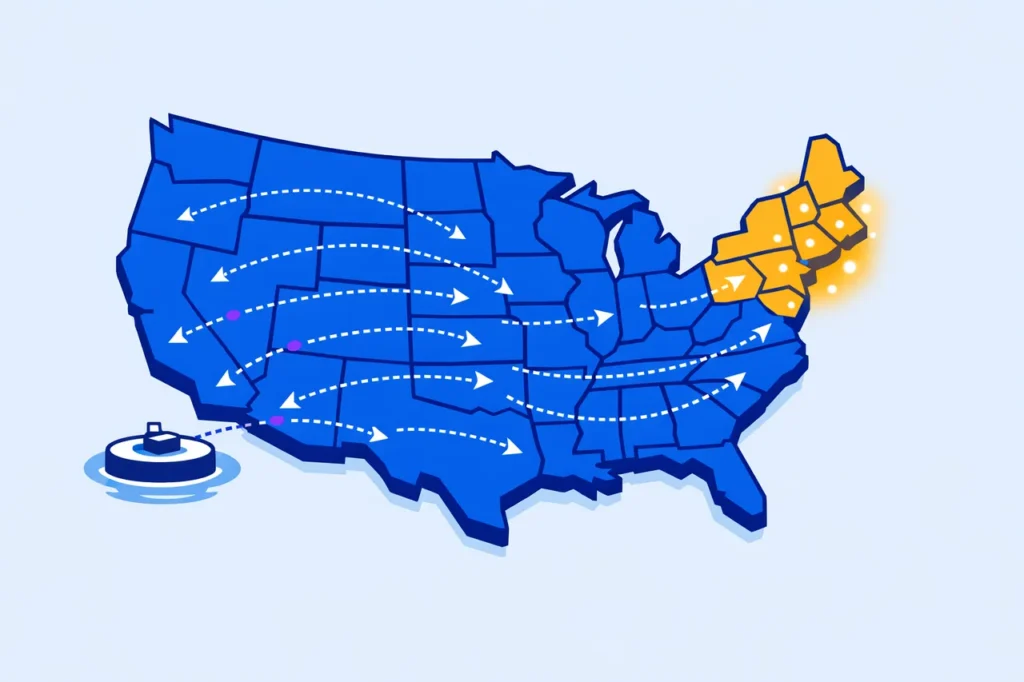 US access map for real money no deposit bonuses showing seven regulated states plus the offshore path serving the rest of the country.