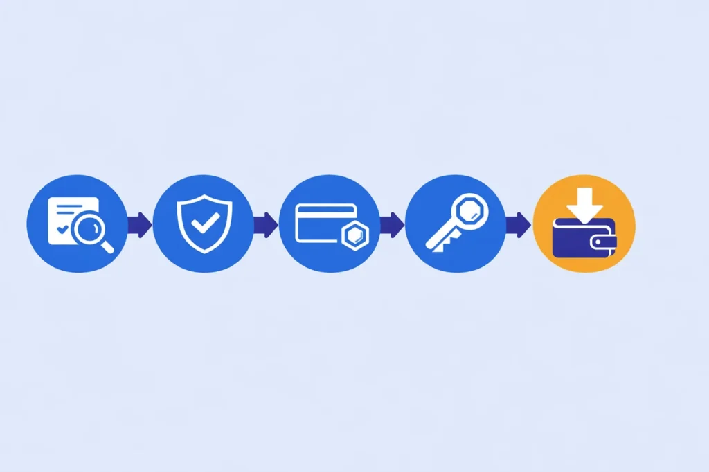 Five-step safety check flow for a new casino: license, reputation, payments, bonus terms, and payout test.