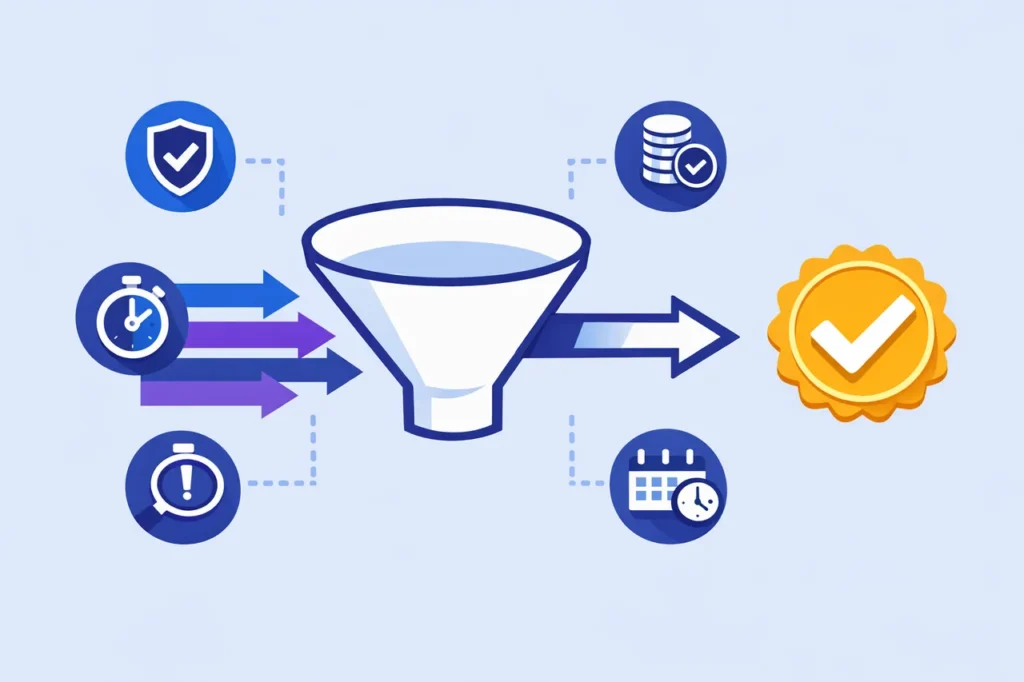 No deposit bonus casino vetting methodology funnel with license, payout, and terms verification steps