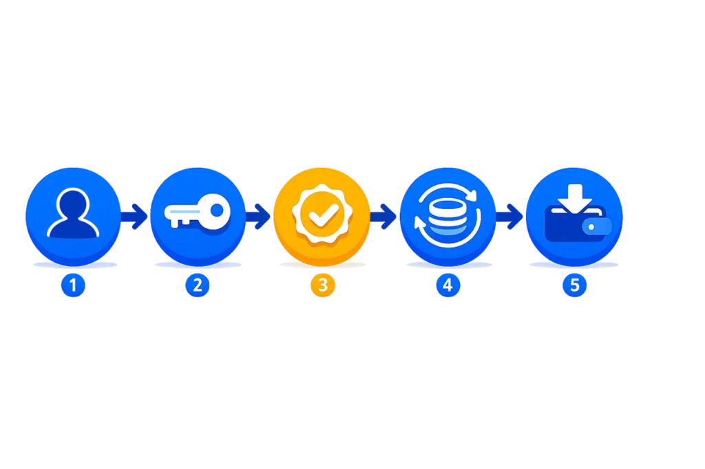 Five-step redemption flow from copying a no deposit bonus code through validation, gameplay, and withdrawal.