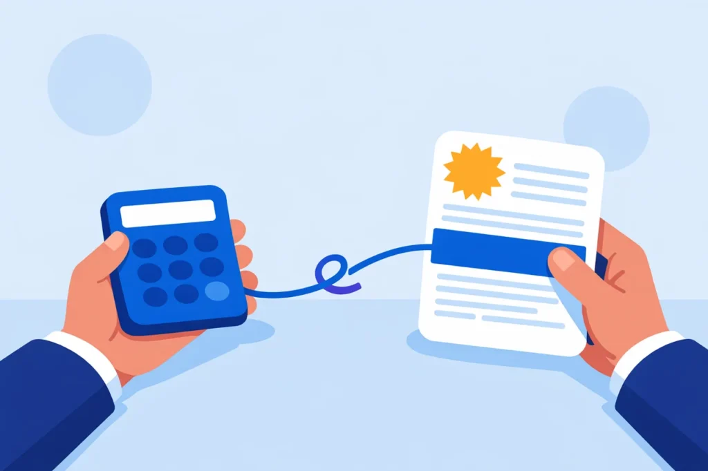 Illustration of hands using a calculator over a no deposit bonus offer sheet, showing wagering requirement math